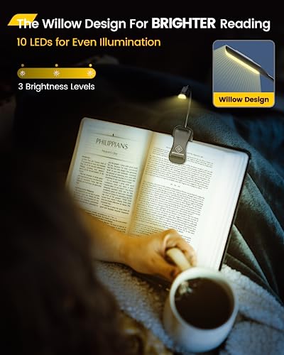 Glocusent Willow Book Light for Reading in Bed, 10LED Bright Reading Light, 3 Colors & 3 Brightness, Rechargeable Book Light Lasts for 80hr, Lightweight Clip on Book Light, Perfect for Book Lovers
