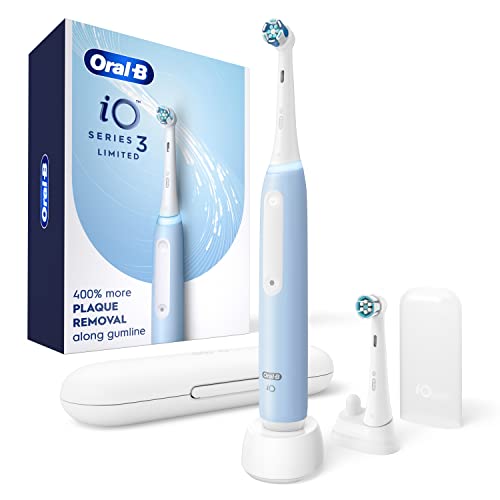 Oral-B iO Series 3 Limited Rechargeable Electric Powered Toothbrush, Blue with 2 Brush Heads and Travel Case - Visible Pressure Sensor to Protect Gums - 3 Modes - 2 Minute Timer