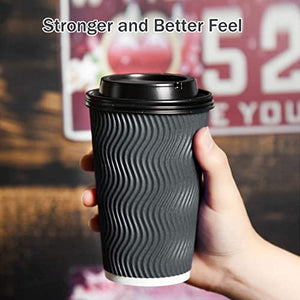 Disposable Paper Coffee Cups with Lids, 90 pack 16 oz Ripple Wall Paper Cups, Corrugated Insulated To Go Cups for Cold Beverage, Recyclable Takeaway Hot Drinking Cups for Home Kitchen Cafe Parties