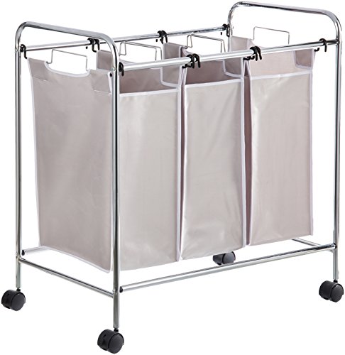 Amazon Basics 3-Bag Rectangular Laundry Hamper Sorter Basket, Grey