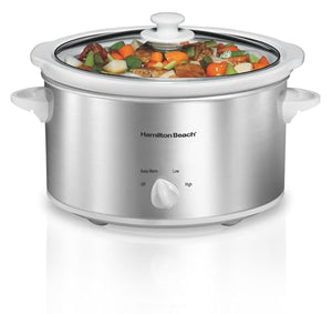 Hamilton Beach 4-Quart Slow Cooker with 3 Cooking Settings, Dishwasher-Safe Stoneware Crock & Glass Lid, Stainless Steel (33140V)