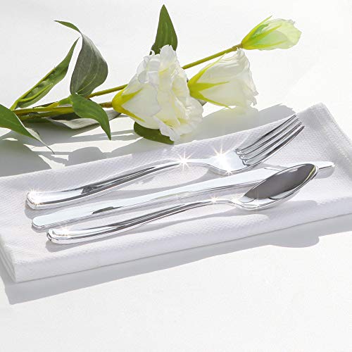 WDF 40Guest Silver Plastic Plates with Silver Silverware - White Plastic Plates with Silver Rim, Dinnerware Sets Include 40 Dinner Plates, 40 Salad Plates,40 Forks, 40 Knives, 40 Spoons