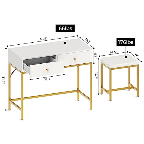 SUPERJARE 35.4" White and Gold Desk with 2 Drawers, Modern Makeup Vanity Desk with Padded Stool, Small Computer Desk Home Office Desk for Writing Study Bedroom