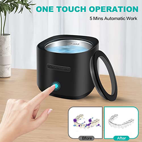 Ultrasonic Cleaner for Dentures, Retainer, Mouth Guard, Aligner, Toothbrush Head, 42kHz Ultrasonic Jewelry Cleaner, 180ML Portable Ultrasonic Retainer Cleaner at Home or Travel Use (Black)