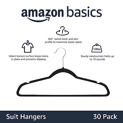 Amazon Basics Slim Velvet, Non-Slip Suit Clothes Hangers, Pack of 30, Black/Silver