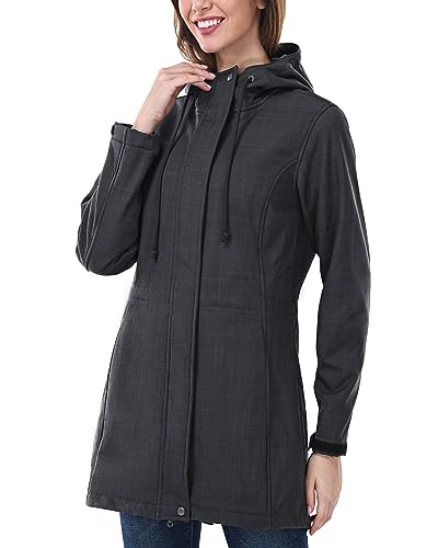 Outdoor Ventures Women's Lightweight Waterproof Fleece Lined Hooded Softshell Rain Jacket, Warm Windbreaker Long Coat