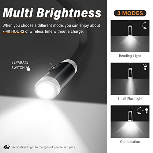 Vekkia Rechargeable LED Neck Reading Light, Book Lights for Reading in Bed, 3 Brightness Levels, Flexible Soft Silicone Arms Comfortable Wear, Long Lasting. Perfect for Readers, Craft & Knitting,Black