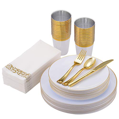 Vplus 175 Count Gold Rim Plastic Plates Sets, Disposable Dinnerware Sets for Wedding Party, Include 25 Dinner Plates,25 Dessert Plates,25 Forks,25 Knives,25 Spoons,25 Cups,25 Napkins (Gold Rim)