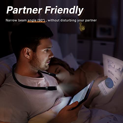 Vekkia Rechargeable LED Neck Reading Light, Book Lights for Reading in Bed, 3 Brightness Levels, Flexible Soft Silicone Arms Comfortable Wear, Long Lasting. Perfect for Readers, Craft & Knitting,Black