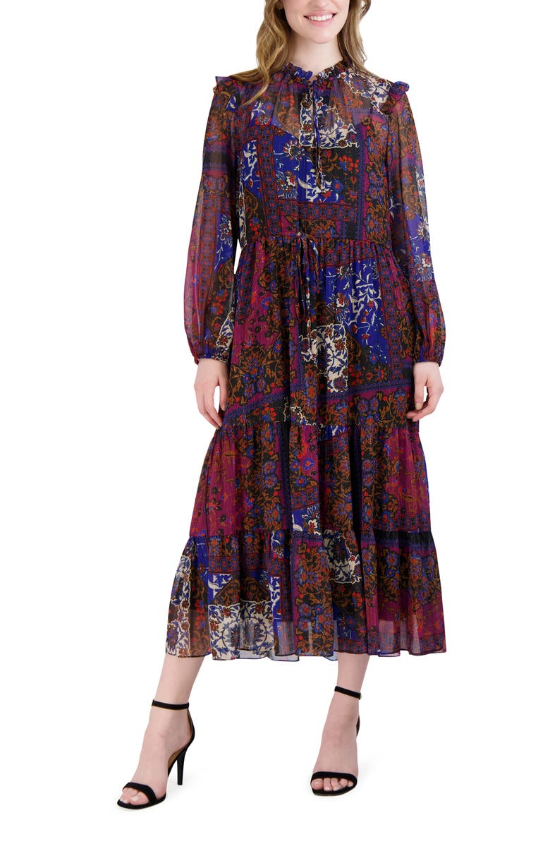 JULIA JORDAN Floral Print Long Sleeve Drawstring Waist Midi Dress