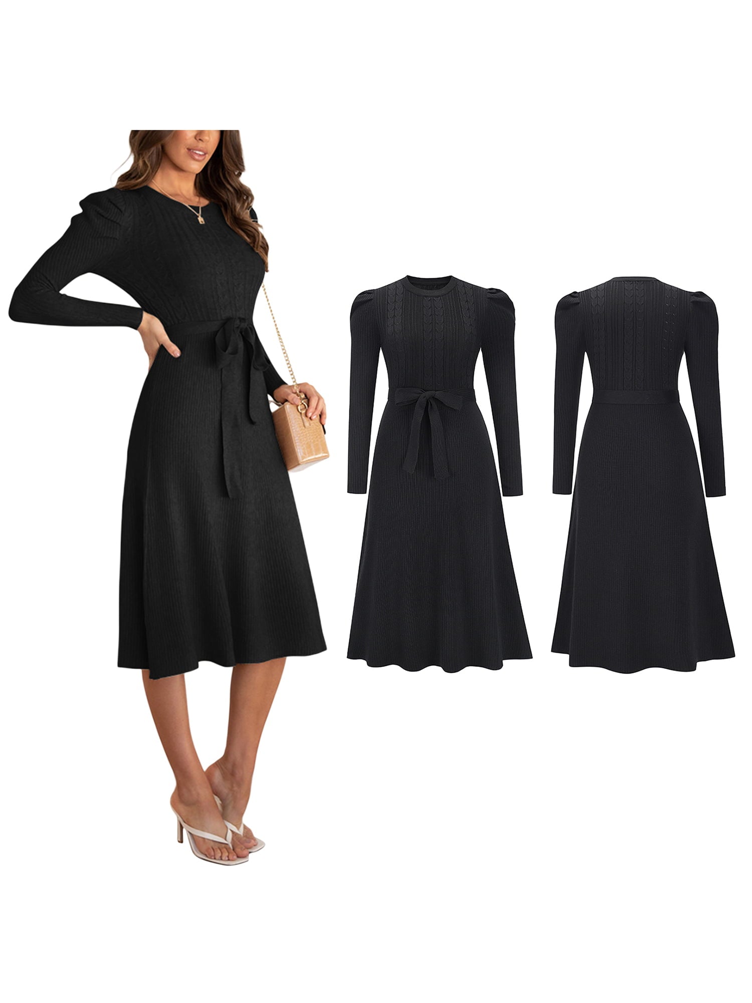 Women Puff Sleeve Maxi Long Dress A-Line Belted Midi Dresses Solid Color Tie Back Knitted Sweater Dress Night Wear - image 9 of 10