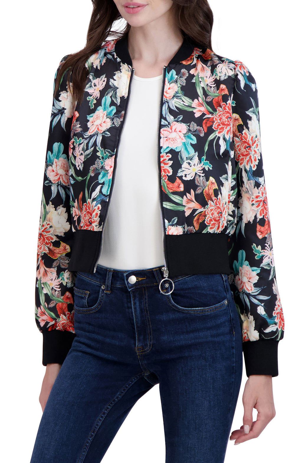 OOKIE & LALA Satin Crop Bomber Jacket, Main, color, FLORAL