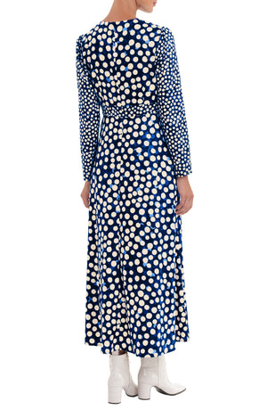 DONNA MORGAN V-Neck Puff Sleeve Empire Waist Midi Dress, Alternate, color, BLACK/ COBALT BLUE