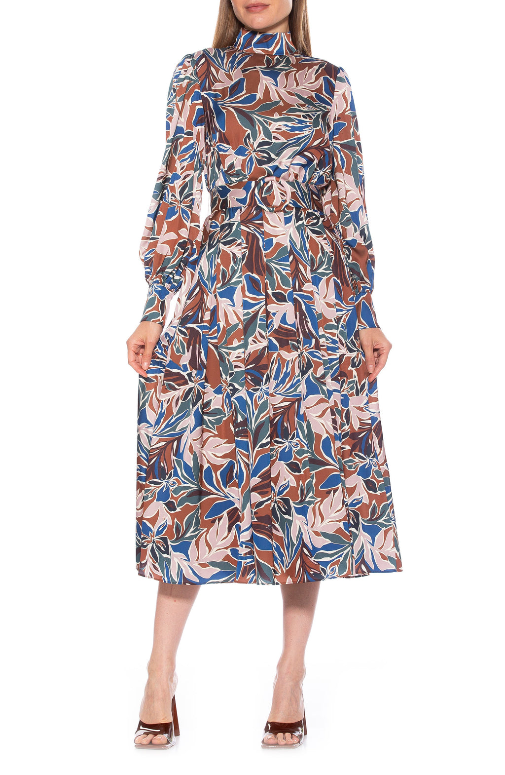 Alexia Admor Safiya Long Sleeve Belted Fit & Flare Dress, Main, color, BROWN FLORAL