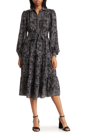 MAX STUDIO Long Sleeve Tiered Midi Shirt Dress, Main, color, BLACK/ IVORY DAISY