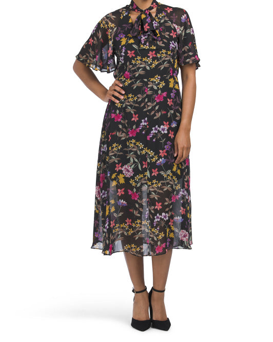 Short Sleeve Floral Print Midi Dress