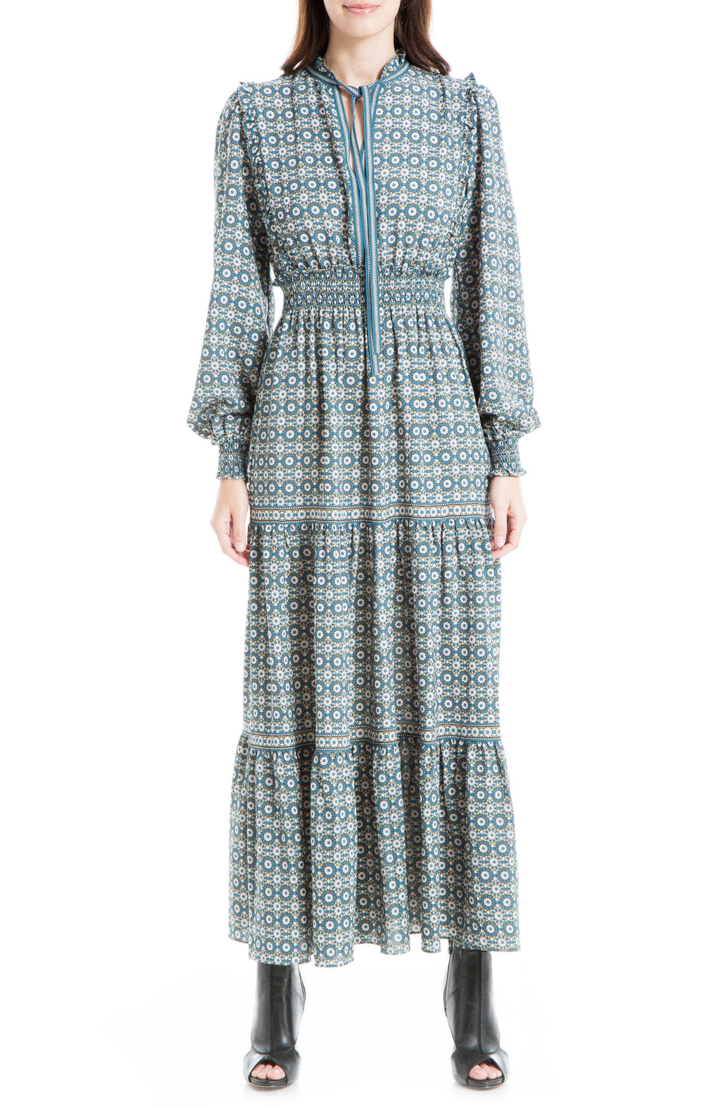 MAX STUDIO Elbow Sleeve Tier Maxi Dress, Main, color, TEAL GRAPHIC SUNFLOWER