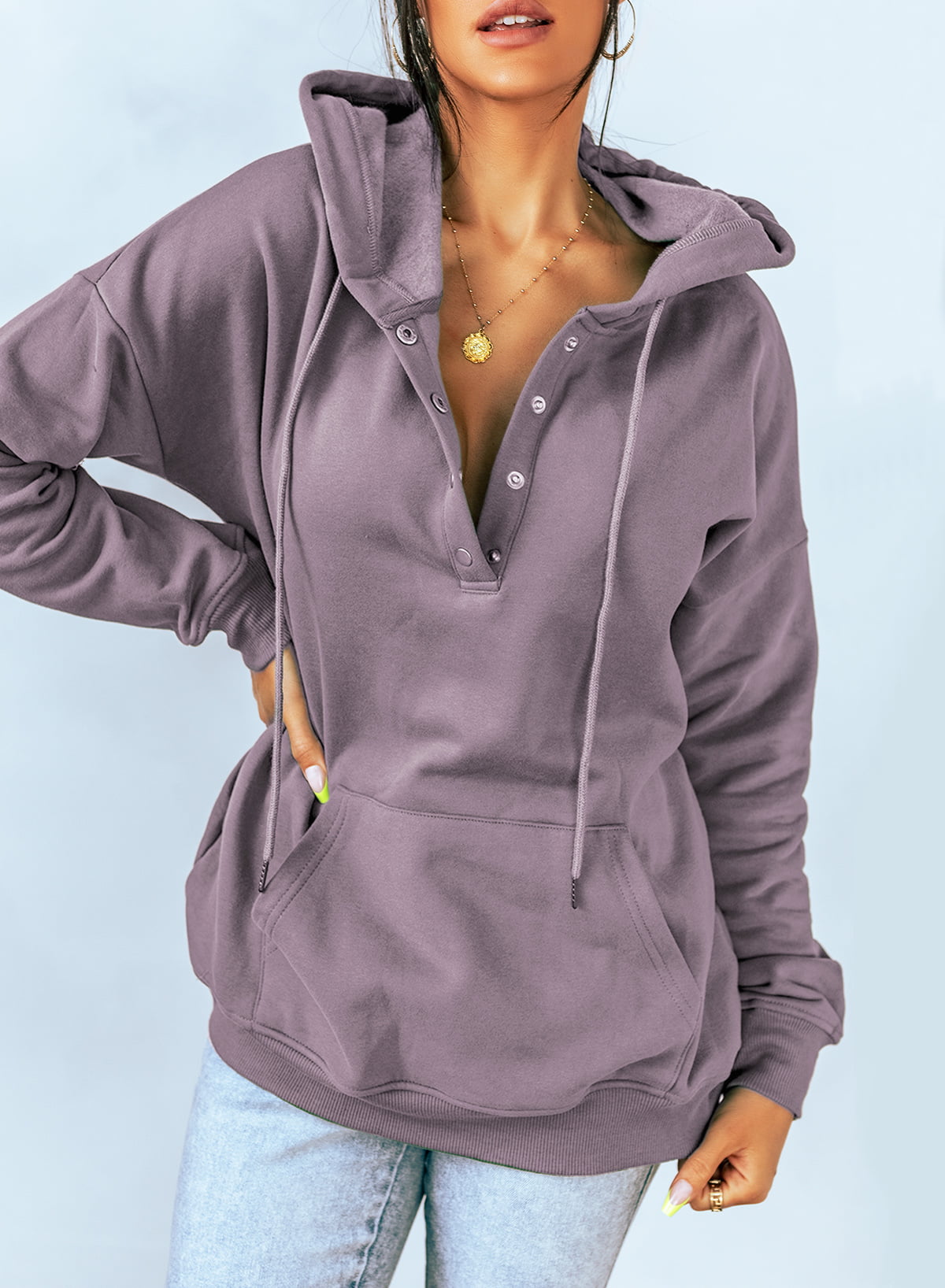 Blibea Women's Hoodie Sweatshirt Long Sleeve 1/4 Button Closure Drawstring Pullover Hooded Tops - image 7 of 8