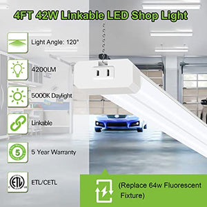 hykolity 4 Pack 4FT LED Shop Light, Linkable Utility Shop Lights, 42W, 5000K Daylight White Shop Light for Garages, Workshops,Hanging or FlushMount, Power Cord with Pull Chain Switch, ETL