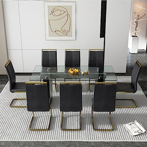 FURNITO Modern Dining Table Set for 8, Kitchen Table and Chairs for 8,71 in Glass Dining Table with 8 Leather Dining Chairs for Kitchen Dining Room