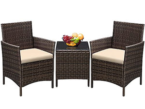 Greesum 3 Pieces Patio Furniture Sets Outdoor PE Rattan Wicker Chairs with Soft Cushion and Glass Coffee Table for Garden Backyard Porch Poolside, Brown and Beige