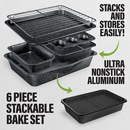 Granitestone Black 6 Pc Stackable Nonstick Bakeware Set With Oven Pans, Baking Sheet, Wire Rack - Complete Kitchen Baking Set, Oven/Dishwasher Safe, 100% Non Toxic…