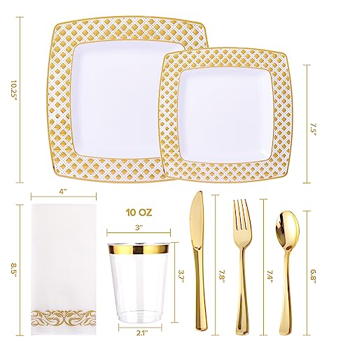 175 Piece Gold Dinnerware Set 25 Guest-50 Diamond Square Plastic Plates-25 Gold Plastic Silverware-25 Gold Plastic Cups-25 Linen Like Gold Paper Napkins, FOCUSLINE Disposable Dinnerware Set