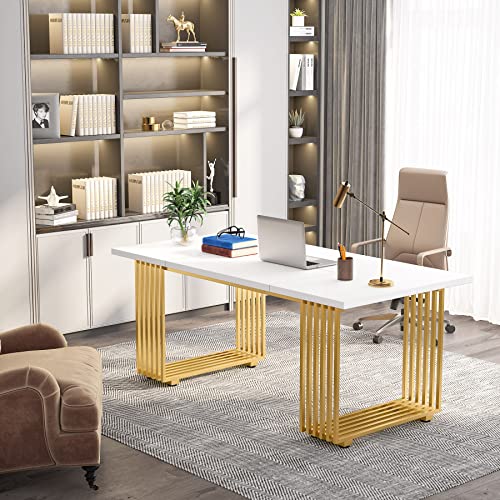 Tribesigns 70.9" Modern Office Desk, Wooden Computer Desk, White Executive Desk with Gold Metal Legs, Large Workstation for Home Office, Study Writing Desk, Small Conference Table for Meeting Room