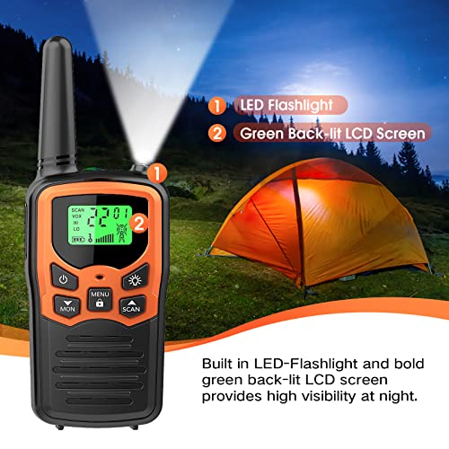 Walkie Talkies, MOICO Long Range Walkie Talkies for Adults with 22 FRS Channels, Family Walkie Talkie with LED Flashlight VOX LCD Display for Hiking Camping Trip (Orange 2 Pack)