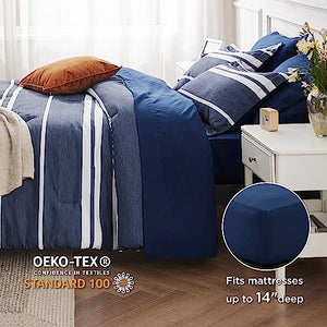 Bedsure Sheets Queen Size Bed Set 7 Pieces, Navy & White Striped Bedding Sets All Season Bed in a Bag, 1 Comforter, 1 Flat Sheet, 1 Fitted Sheet, 2 Pillowcases & 2 Shams