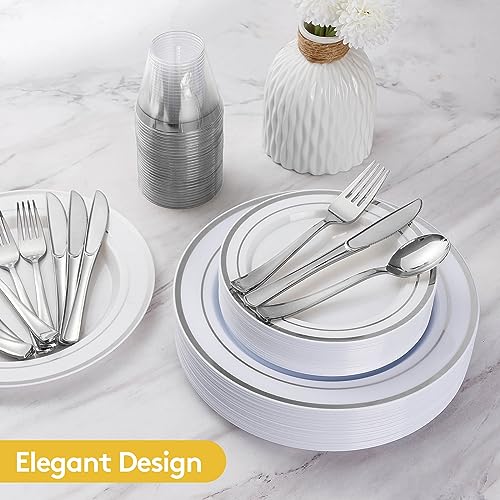 600 Piece Disposable Silver Plates for 100 Guests, Plastic Dinnerware Set of 100 Dinner Plates, 100 Salad Plates, 100 Spoons, 100 Forks, 100 Knives, 100 Cups, Plastic Plates for Party, Weeding
