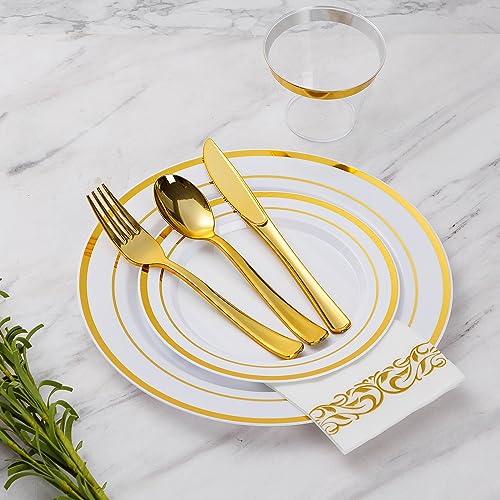 350 Piece Gold Dinnerware Set for 50 Guests, Plastic Plates Disposable for Party, Include: 50 Gold Rim Dinner Plates, 50 Dessert Plates, 50 Paper Napkins, 50 Cups, 50 Gold Silverware Set