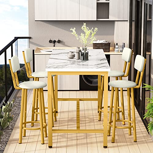 AWQM Faux Marble Dining Table with 8 PU Upholstered Chairs, Breakfast Table Bar Table and Backrest Chairs with Footrest for 8-10 People, Dining Room Set Space Saving Furniture (White & Gold)