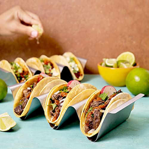 RTT Taco Holder Stand,Set of 6 Stainless Steel Taco Tray,Stylish Taco Shell Holders, Rack Holds Up to 3 Tacos Each Keeping Shells Upright, Health Material Taco Rack Oven,Grill and Dishwasher Safe