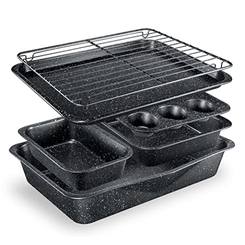 Granitestone Black 6 Pc Stackable Nonstick Bakeware Set With Oven Pans, Baking Sheet, Wire Rack - Complete Kitchen Baking Set, Oven/Dishwasher Safe, 100% Non Toxic…