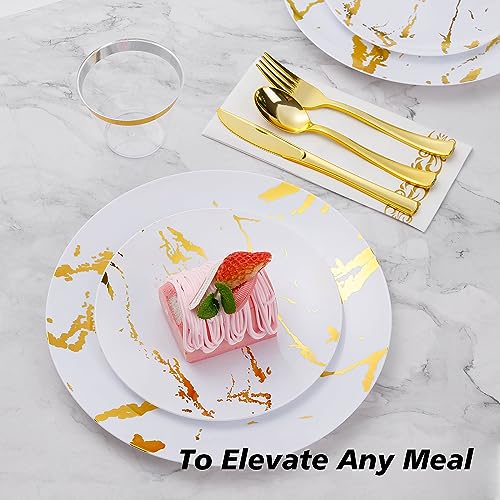 175 Piece White and Gold Plastic Dinnerware Set for 25 Guests, Disposable Plastic Plates for Party, Include: 25 Dinner Plates, 25 Dessert Plates, 25 Paper Napkins, 25 Cups, 25 Plastic Silverware Set