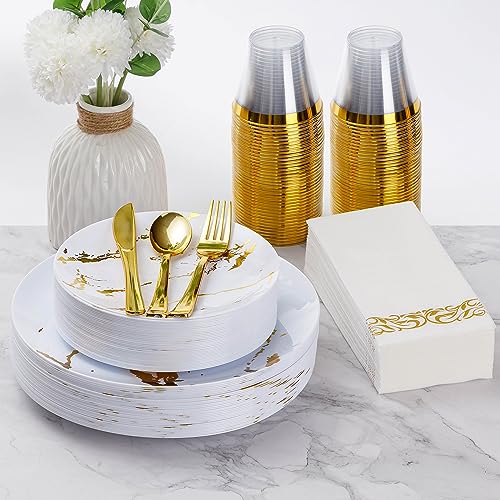 175 Piece White and Gold Plastic Dinnerware Set for 25 Guests, Disposable Plastic Plates for Party, Include: 25 Dinner Plates, 25 Dessert Plates, 25 Paper Napkins, 25 Cups, 25 Plastic Silverware Set