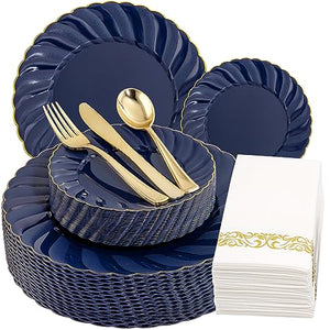 YOUBET 150PCS Blue Plastic Plates-Gold Plastic Silverware&Hand Napkins-Navy Disposable Plates include 50 Plates, 25 Forks, 25 Knives, 25 Spoons, 25 Napkins- Ideal for Wedding&Party