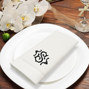 Premium Cotton Party Table Napkins with Embroidery Initial - 4 Pack, 20x20 Inch, Washable, Hemstitch Design, White Elegant Cloth Napkins for Family Dinners, Wedding Parties, Home Décor (S)