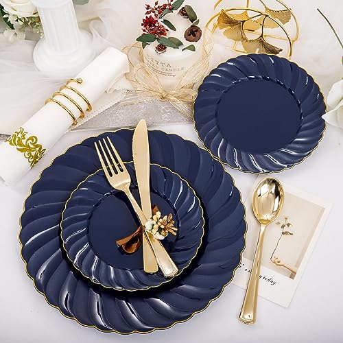 YOUBET 150PCS Blue Plastic Plates-Gold Plastic Silverware&Hand Napkins-Navy Disposable Plates include 50 Plates, 25 Forks, 25 Knives, 25 Spoons, 25 Napkins- Ideal for Wedding&Party