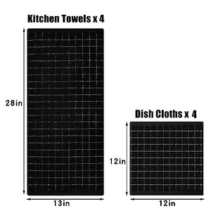 Homaxy Kitchen Towels and Dishcloths Set, 12 x 12 and 13 x 28 Inches, Set of 8 Bulk Cotton Terry Kitchen Towels Set, Checkered Designed, Soft and Super Absorbent Dish Towels, Black