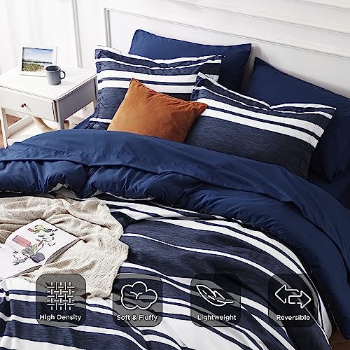 Bedsure Sheets Queen Size Bed Set 7 Pieces, Navy & White Striped Bedding Sets All Season Bed in a Bag, 1 Comforter, 1 Flat Sheet, 1 Fitted Sheet, 2 Pillowcases & 2 Shams