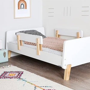 Muse Toddler Bed with Removable Rails – Toddler and Kids Bed Set Fits Standard Crib Mattress, Holds up to 50 Lbs. – Modern, Easy-to-Assemble, 55.15x 31.26x17.95 in, White + Natural