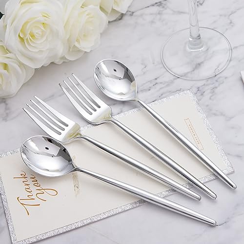 SUT 200PCS Silver Plastic Forks and Spoons Heavy Duty, Disposable Silverware, Silver Plastic Cutlery, Silver Disposable Forks and Spoons, Includes 100 Forks, 100 Spoons for Party, Birthday, Wedding