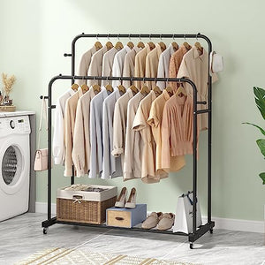 Laiensia Double Rods Garment Rack with Wheels, Clothing Rack for Hanging Clothes,4 Hooks, Multi-functional Bedroom Clothes Rack, Black