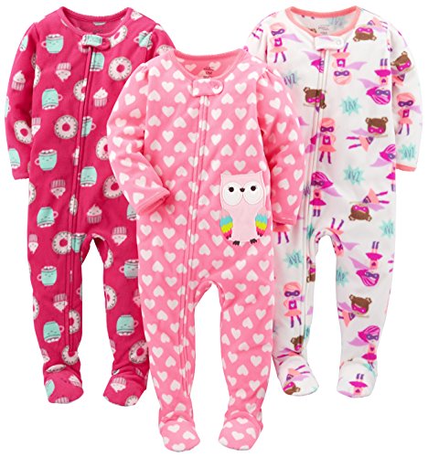 Simple Joys by Carter's Toddlers and Baby Girls' Loose-Fit Flame Resistant Fleece Footed Pajamas, Pack of 3