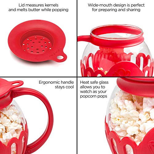 Ecolution Patented Micro-Pop Microwave Popcorn Popper with Temperature Safe Glass, 3-in-1 Lid Measures Kernels and Melts Butter, Made Without BPA, Dishwasher Safe, 3-Quart, Red