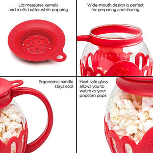 Ecolution Patented Micro-Pop Microwave Popcorn Popper with Temperature Safe Glass, 3-in-1 Lid Measures Kernels and Melts Butter, Made Without BPA, Dishwasher Safe, 3-Quart, Red