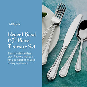 Mikasa Regent Bead 65 Piece Silverware Set, 18.10 Polished Mirror Stainless Steel, Service for 12 with Serving Set