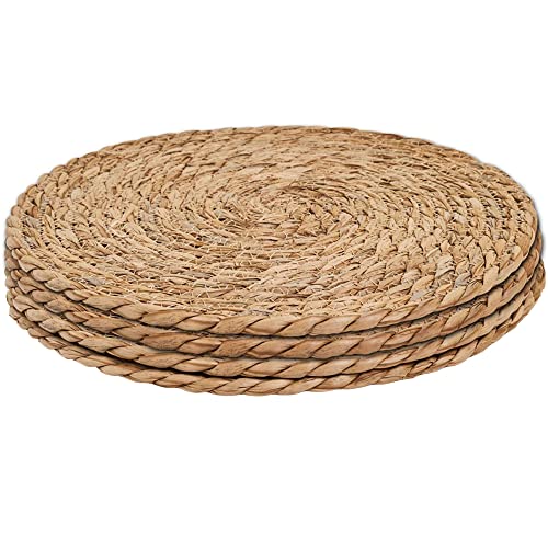 Defined Deco Woven Placemats Set of 4,11.8"Round Rattan Placemats,Natural Hand-Woven Water Hyacinth Placemats,Farmhouse Weave Place Mats,Rustic Braided Wicker Table Mats for Dining Table,Home,Wedding.